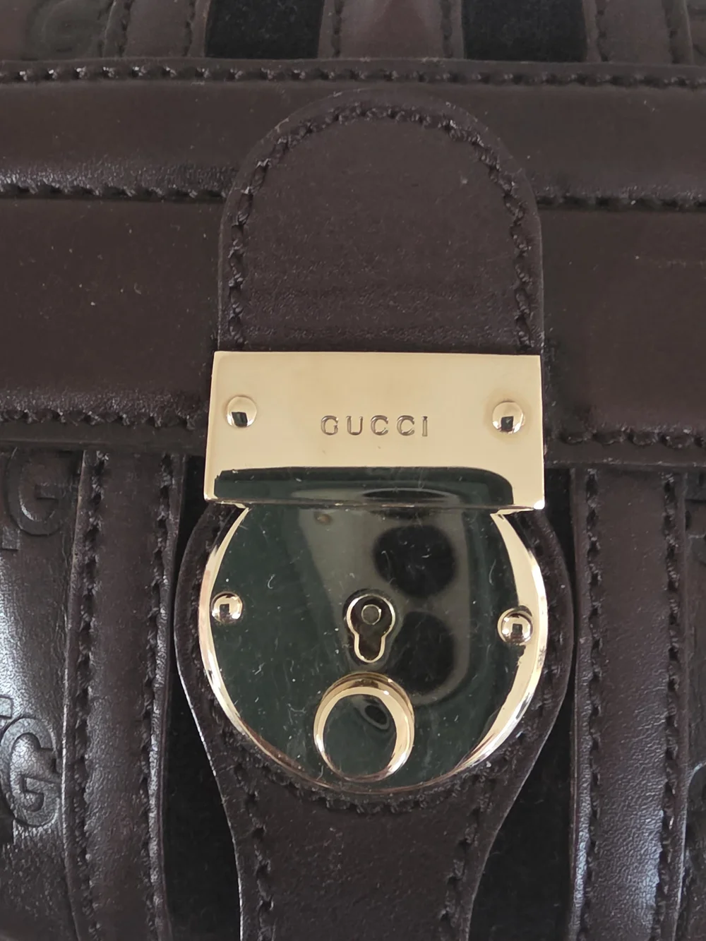 Gucci Dark Brown Embossed Leather Satchel with Gold Chain Detail